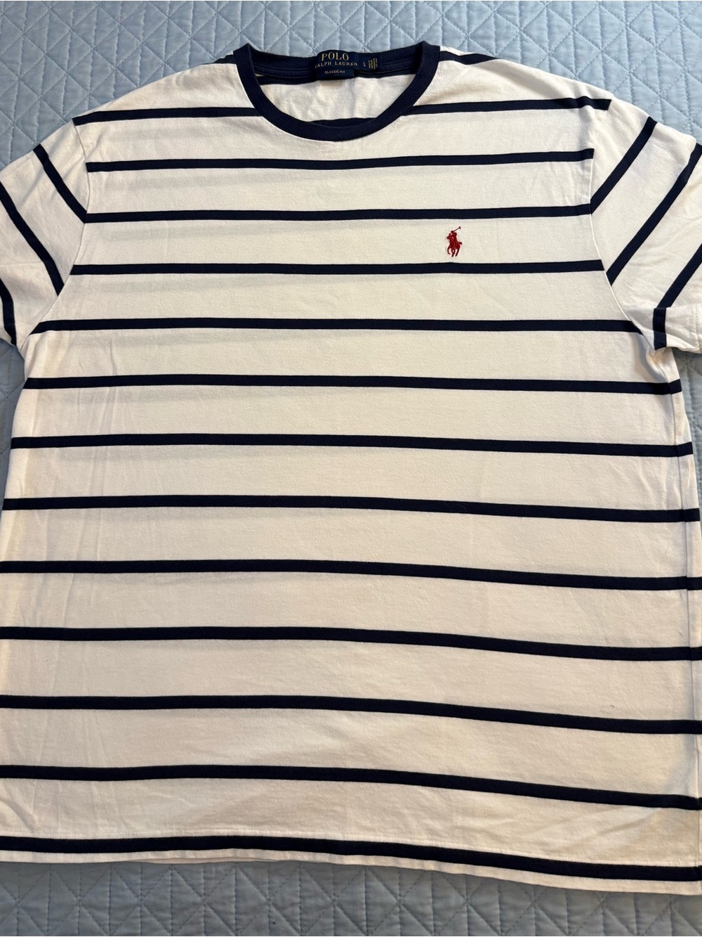 Ralph Lauren White and Navy Striped Crewneck Tee with Red Pony
